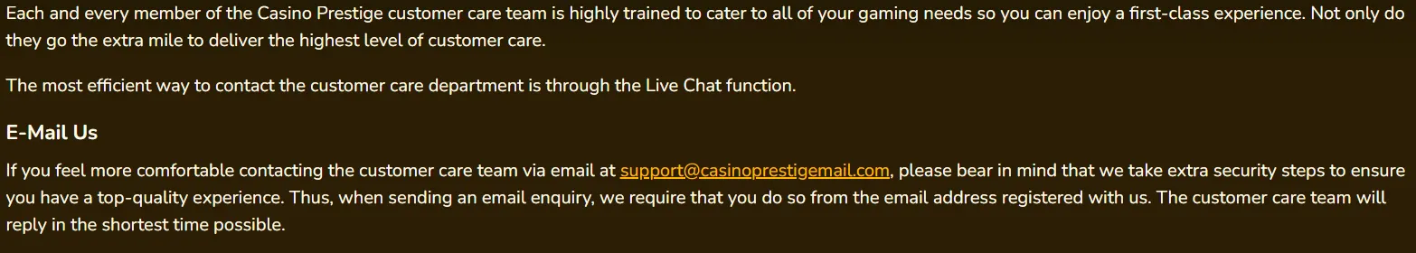 Prestige Casino customer support – 24/7 help via live chat for all players